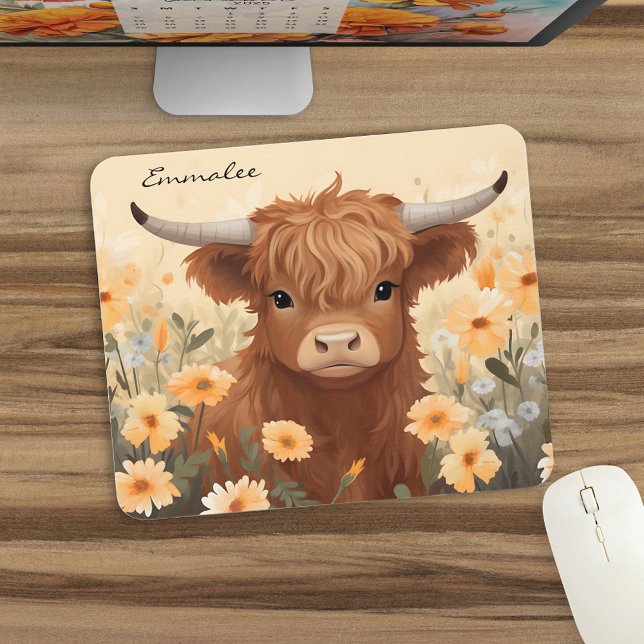 Cute Highland Cow Floral w/Monogram Mouse Mat (Creator Uploaded)