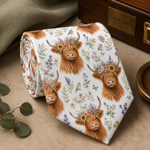 Cute Highland Cow Floral Watercolor Whimsical Tie