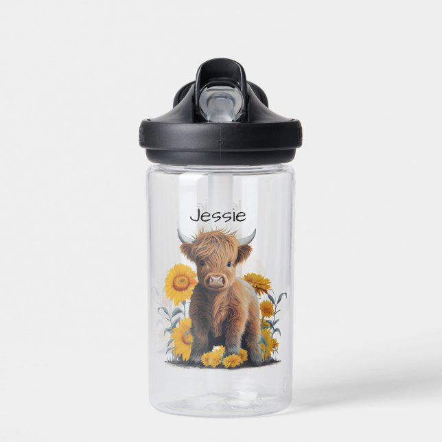 Cute Highland Cow Floral Yellow Sunflowers Name  Water Bottle (Front)