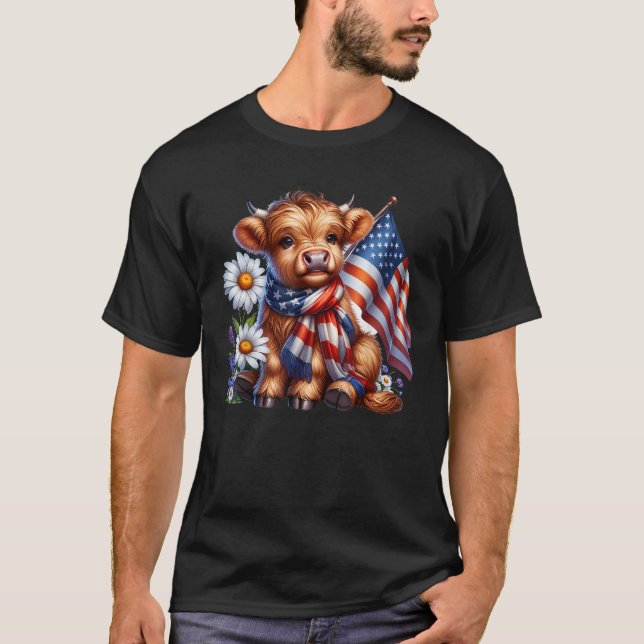 Cute Highland Cow Florals 4th of July USA Flag Pat T-Shirt (Front)