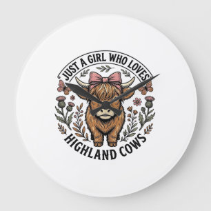 Cute Highland Cow Girl Vintage Floral Shirt Design Large Clock