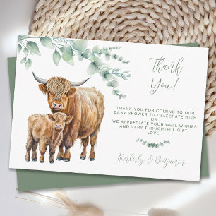 Cute Highland Cow Greenery Eucalyptus Baby Shower  Thank You Card