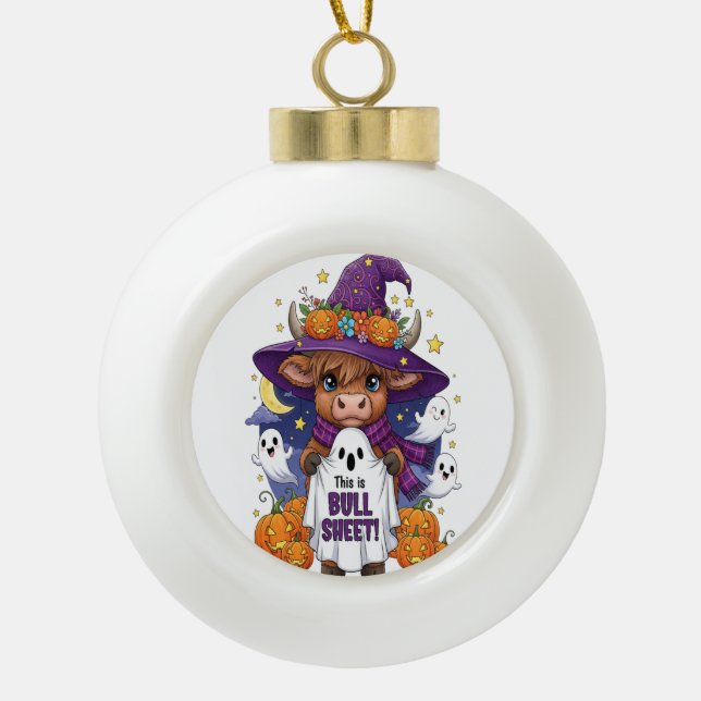 Cute Highland Cow Halloween Ceramic Ball Christmas Ornament (Front)