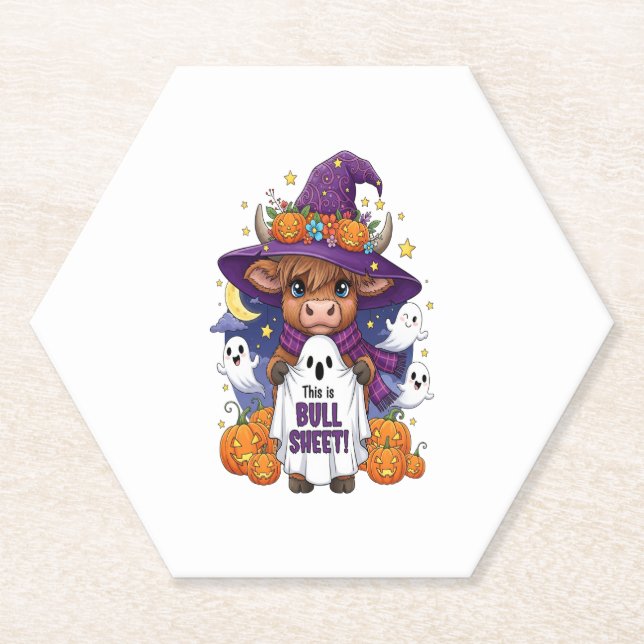 Cute Highland Cow Halloween Paper Coaster (Front)