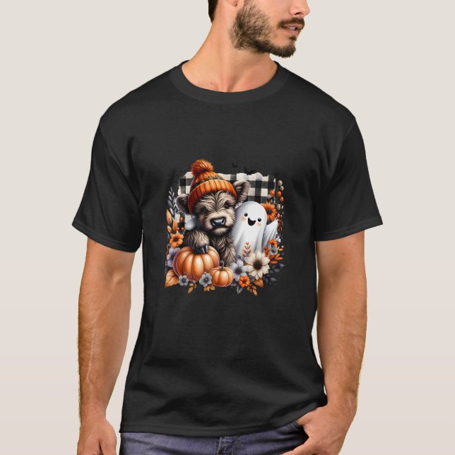 Cute Highland Cow Halloween With Ghost Pumpkin Spo T-Shirt (Front)
