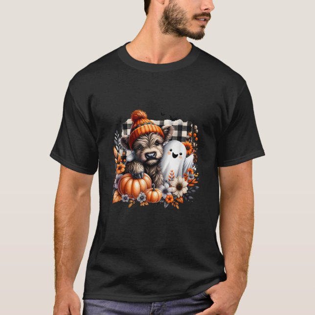 Cute Highland Cow Halloween With Ghost Pumpkin Spo T-Shirt (Front)