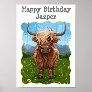 Cute Highland Cow Happy Birthday Poster