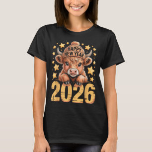 Cute Highland Cow Happy New Year 2026 Tee Funny An