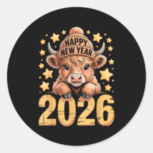 Cute Highland Cow Happy New Year 2026 Tee Funny An Classic Round Sticker
