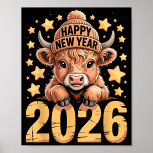 Cute Highland Cow Happy New Year 2026 Tee Funny An Poster