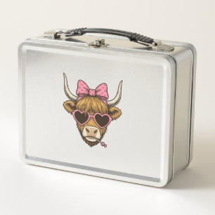 Cute Highland Cow Heart Glasses Vintage Shirt Desi Metal Lunch Box