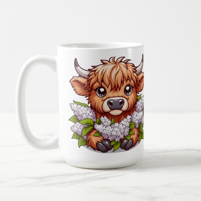 Cute Highland Cow Holding Lilacs Coffee Mug (Left)