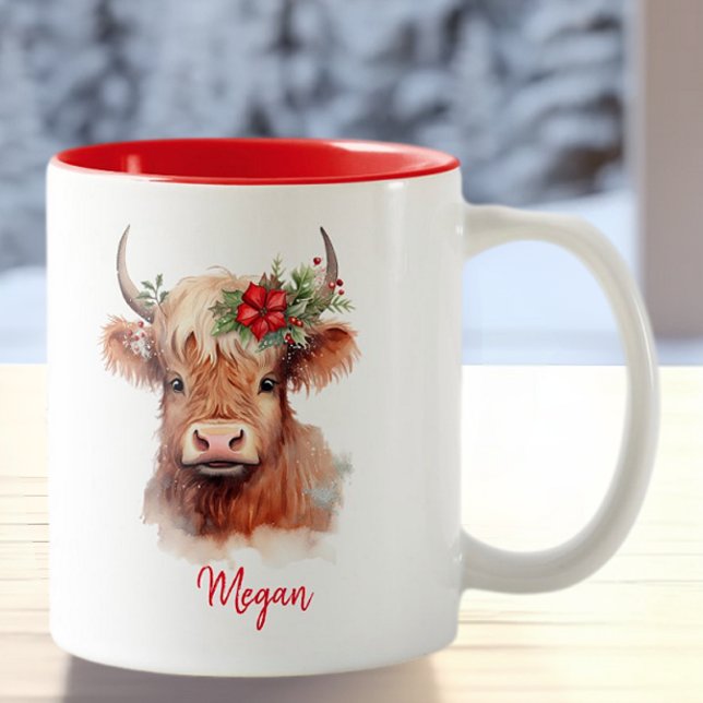Cute Highland Cow Holiday Christmas Santa Hat Two-Tone Coffee Mug (Creator Uploaded)