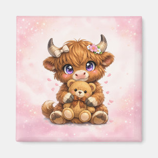 Cute Highland Cow Hugging Teddy Bear Square Magnet