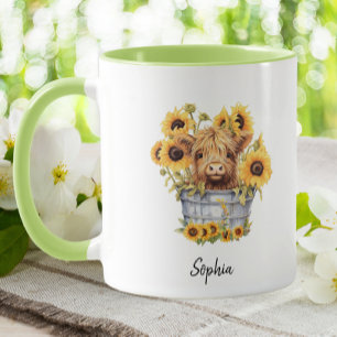 Cute Highland Cow in Bucket Sunflowers Floral Mug