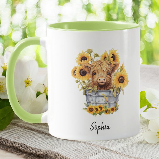 Cute Highland Cow in Bucket Sunflowers Floral Mug (Creator Uploaded)