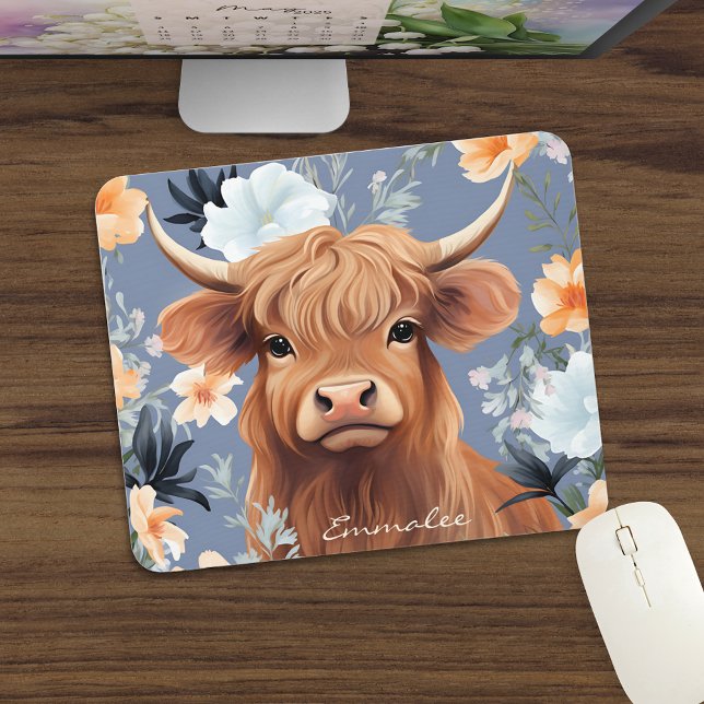 Cute Highland Cow in Floral Background w/Custom Mouse Mat (Creator Uploaded)