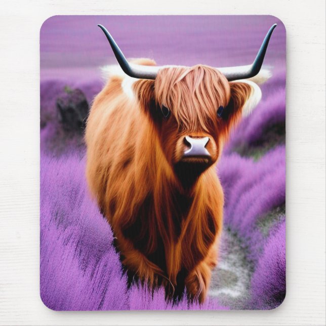 Cute Highland Cow in Lavender Field er Mouse Mat (Front)