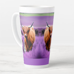 Cute Highland Cow in Lavender Field  Latte Mug