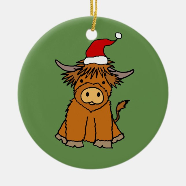 Cute Highland Cow in Santa hat Christmas Ceramic Tree Decoration (Front)