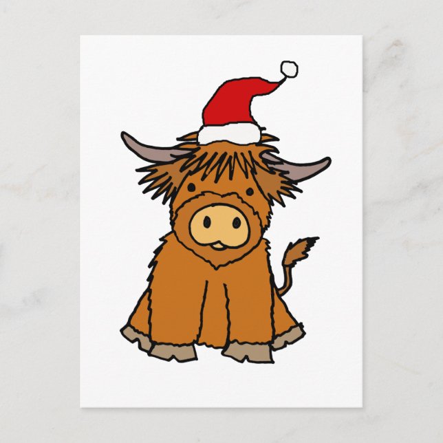 Cute Highland Cow in Santa hat Christmas Postcard (Front)