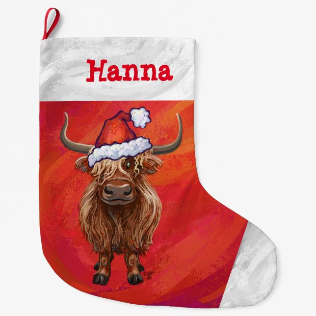 Cute Highland Cow in Santa Hat on Red Large Christmas Stocking (Front)