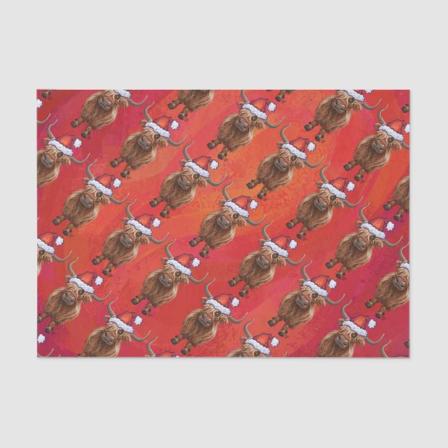 Cute Highland Cow in Santa Hat Pattern on Red Tissue Paper (Front)