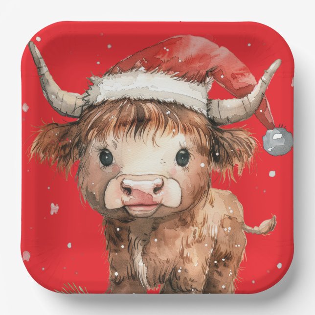 Cute. Highland Cow in Santa Hat Red Paper Plate (Front)