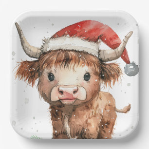 Cute. Highland Cow in Santa Hat White Paper Plate