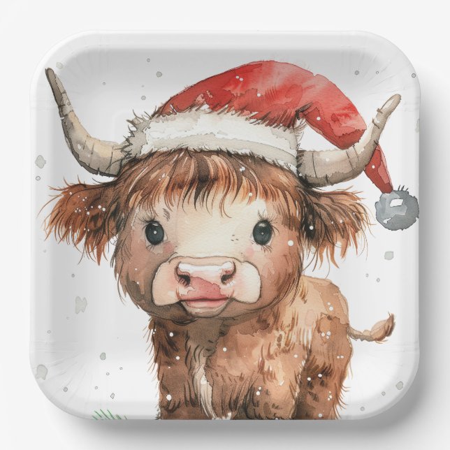 Cute. Highland Cow in Santa Hat White Paper Plate (Front)