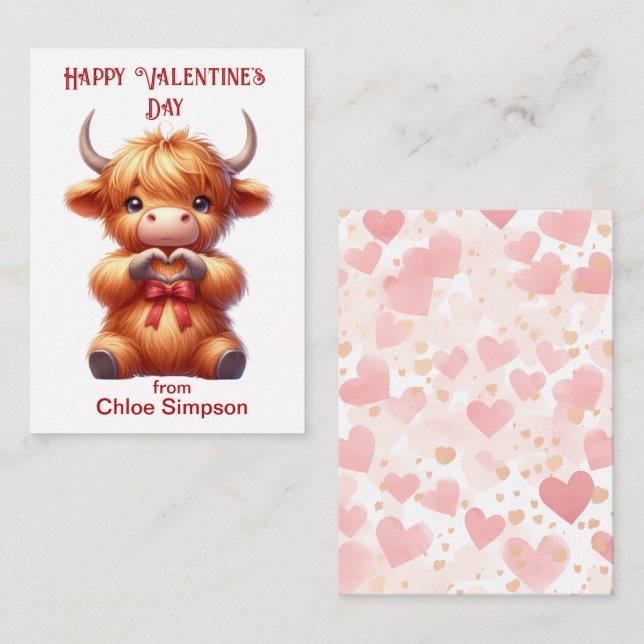 Cute Highland Cow Kid's Valentine Classroom Party Card (Front/Back)