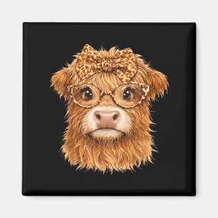 Cute Highland Cow Leopard Bow Glasses Farm Animal Magnet