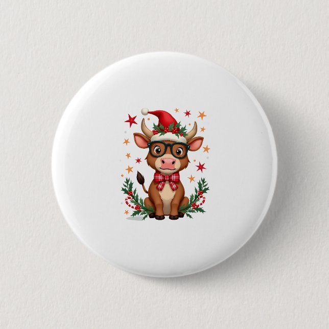 Cute Highland Cow Lover Santa Hat Western Christma 6 Cm Round Badge (Front)