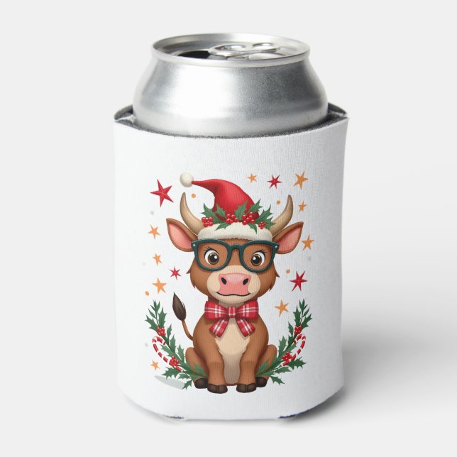 Cute Highland Cow Lover Santa Hat Western Christma Can Cooler (Can Front)