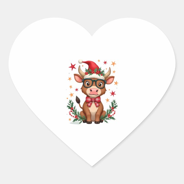 Cute Highland Cow Lover Santa Hat Western Christma Heart Sticker (Front)