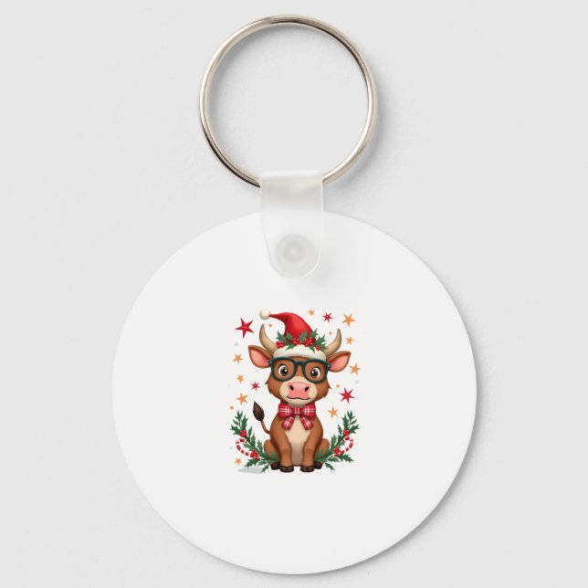 Cute Highland Cow Lover Santa Hat Western Christma Key Ring (Front)