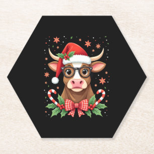 Cute Highland Cow Lover Santa Hat Western Christma Paper Coaster