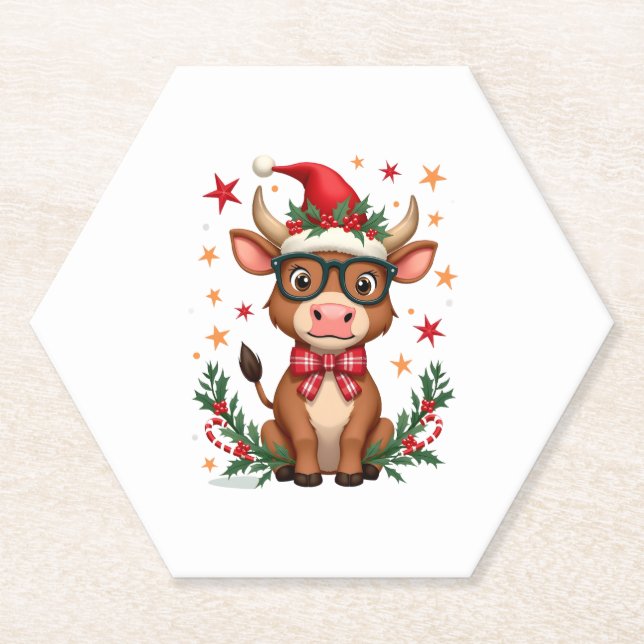 Cute Highland Cow Lover Santa Hat Western Christma Paper Coaster (Front)