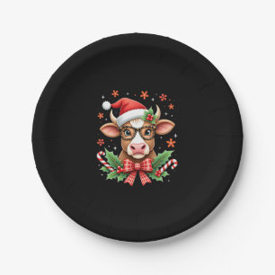 Cute Highland Cow Lover Santa Hat Western Christma Paper Plate