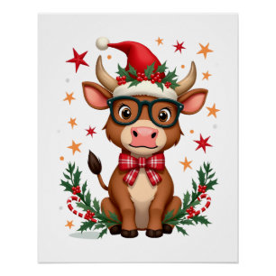Cute Highland Cow Lover Santa Hat Western Christma Poster