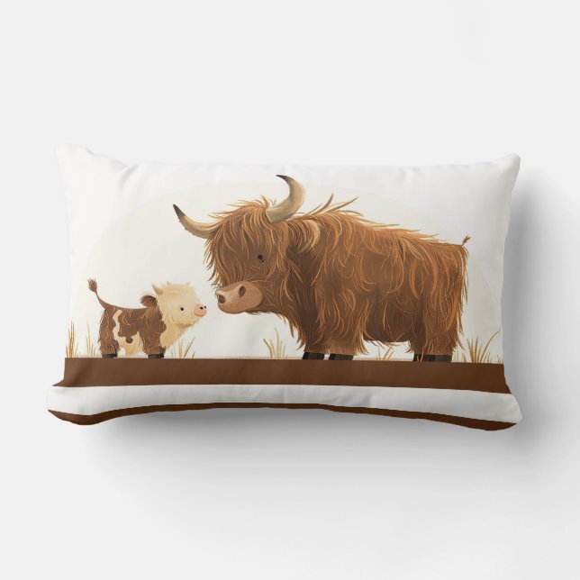 Cute Highland Cow Mama& Calf Rustic Brown Stripes Lumbar Cushion (Front)