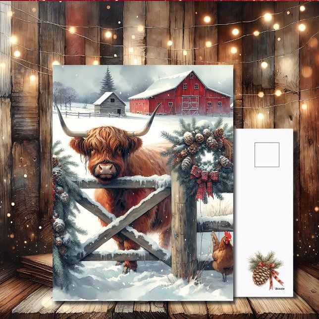 Cute Highland Cow on the Farm Christmas Holiday Postcard (Creator Uploaded)