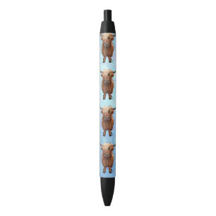 Cute Highland Cow Pattern on Blue Black Ink Pen