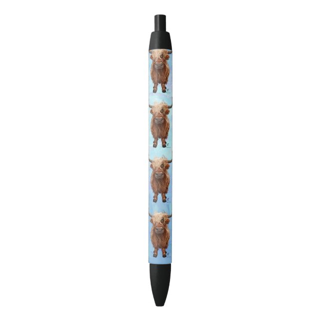 Cute Highland Cow Pattern on Blue Black Ink Pen (Front Vertical)