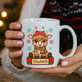 Cute Highland Cow Personalised Name Christmas Coffee Mug