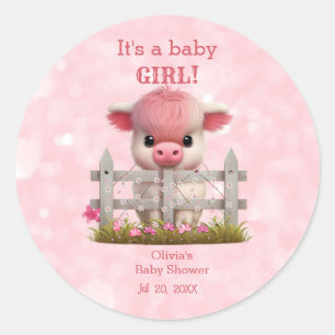 Cute Highland Cow Pink Baby Shower Personalised Classic Round Sticker