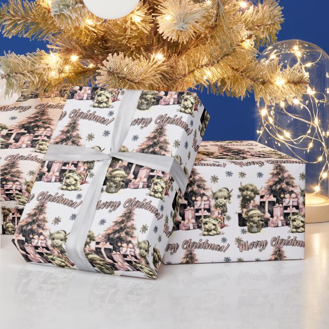 Cute Highland Cow Pink Christmas Wrapping Paper (Holidays)