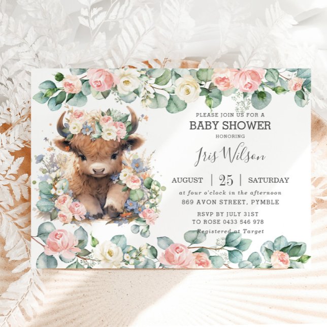 Cute Highland Cow Pink Floral Greenery Baby Shower Invitation (Creator Uploaded)