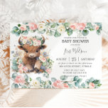 Cute Highland Cow Pink Floral Greenery Baby Shower Invitation<br><div class="desc">Personalise this chic baby shower invitation with your baby shower details easily and quickly, simply press the Edit Using Design Tools button to further re-arrange and format the style and placement of the text.  This invitation features an adorable fluffy baby highland cow amongst rustic watercolor eucalyptus leaves adorned by beautiful...</div>