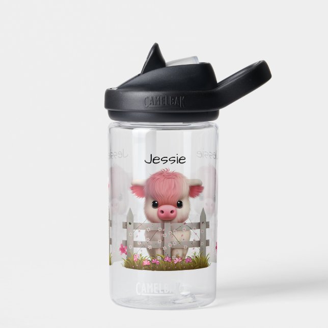 Cute Highland Cow Pink Floral Name Kids School Water Bottle (Left)
